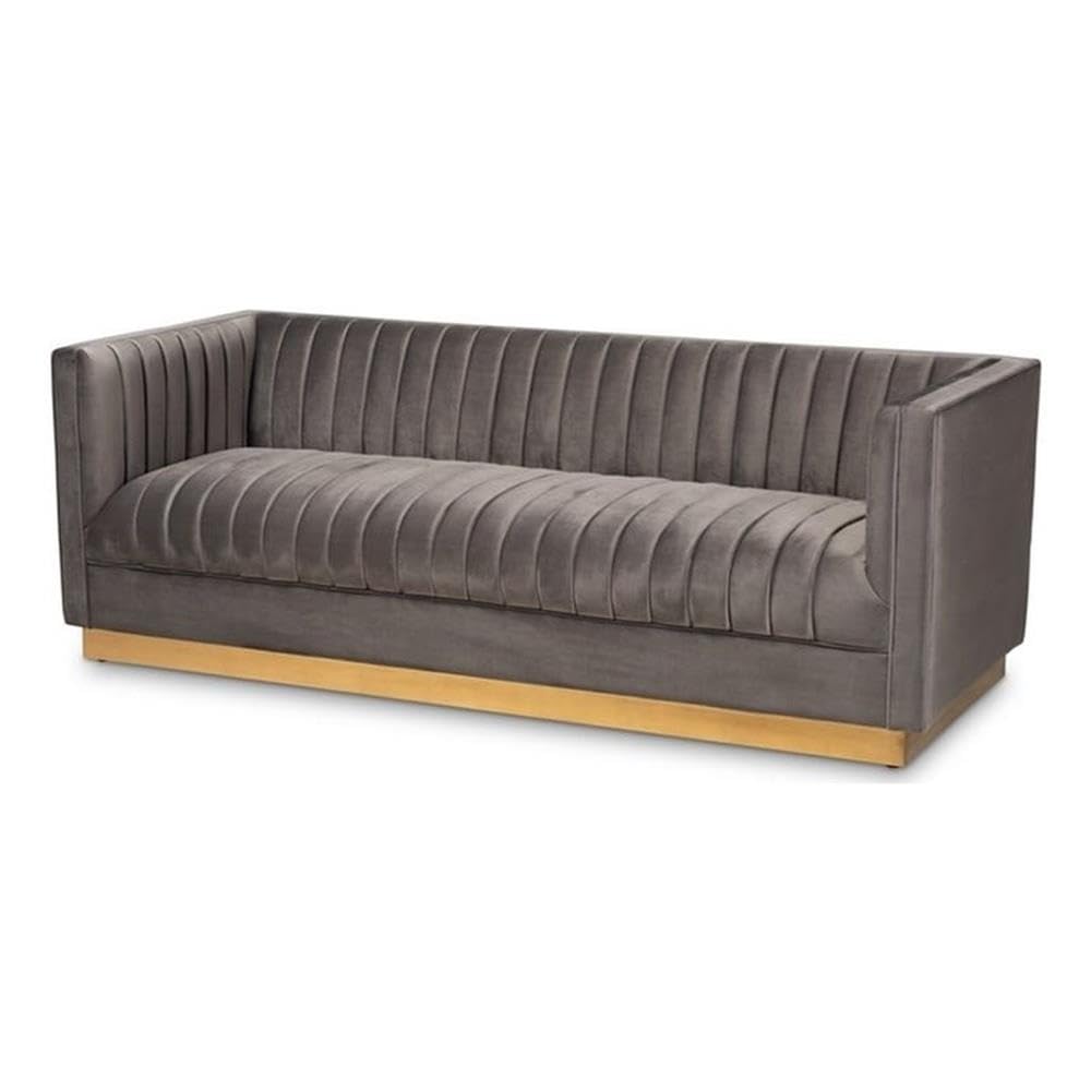 Baxton Studio Aveline Glam and Luxe Grey Velvet Fabric Upholstered Brushed Gold Finished Sofa